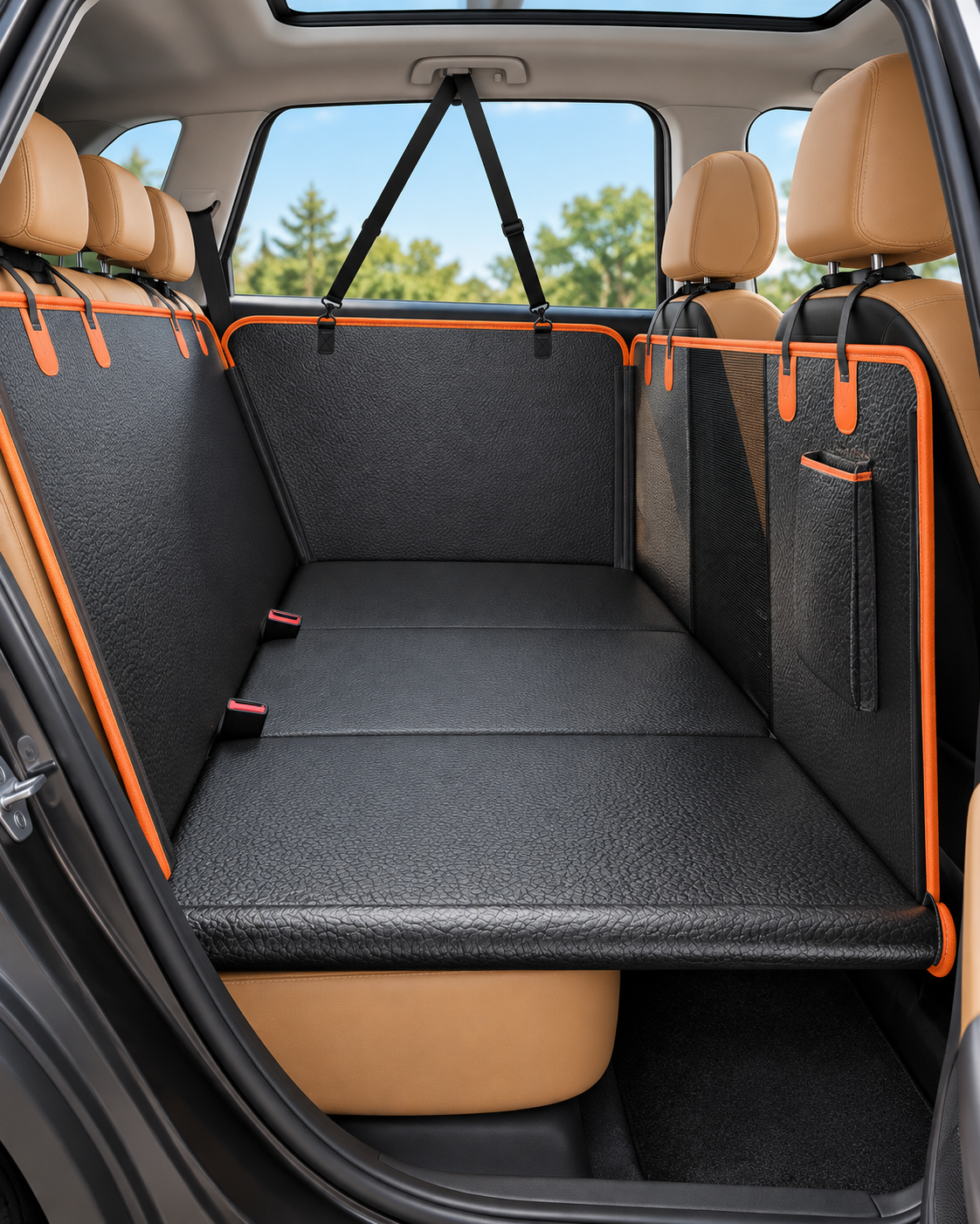 Illustrative generated image based on the Ningbo Tom product listing: black textured back-seat extender with orange piping, upright panels and straps in a tan car interior. Not a fit or specification guarantee.