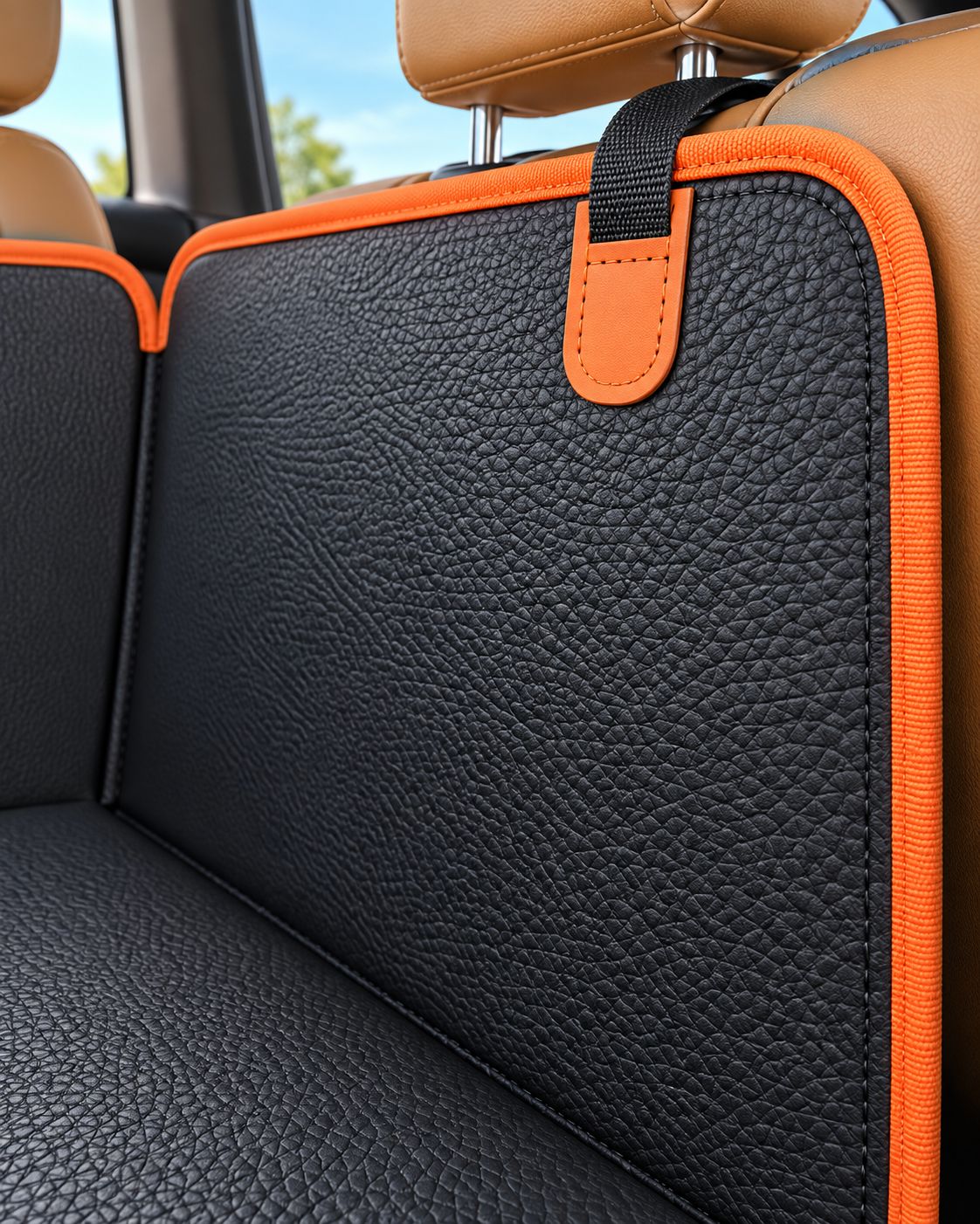 Illustrative generated close detail based on Ningbo Tom listing 1601842949748: black textured surface, orange edge piping and attachment tab. Not supplier photography or proof of materials or performance.
