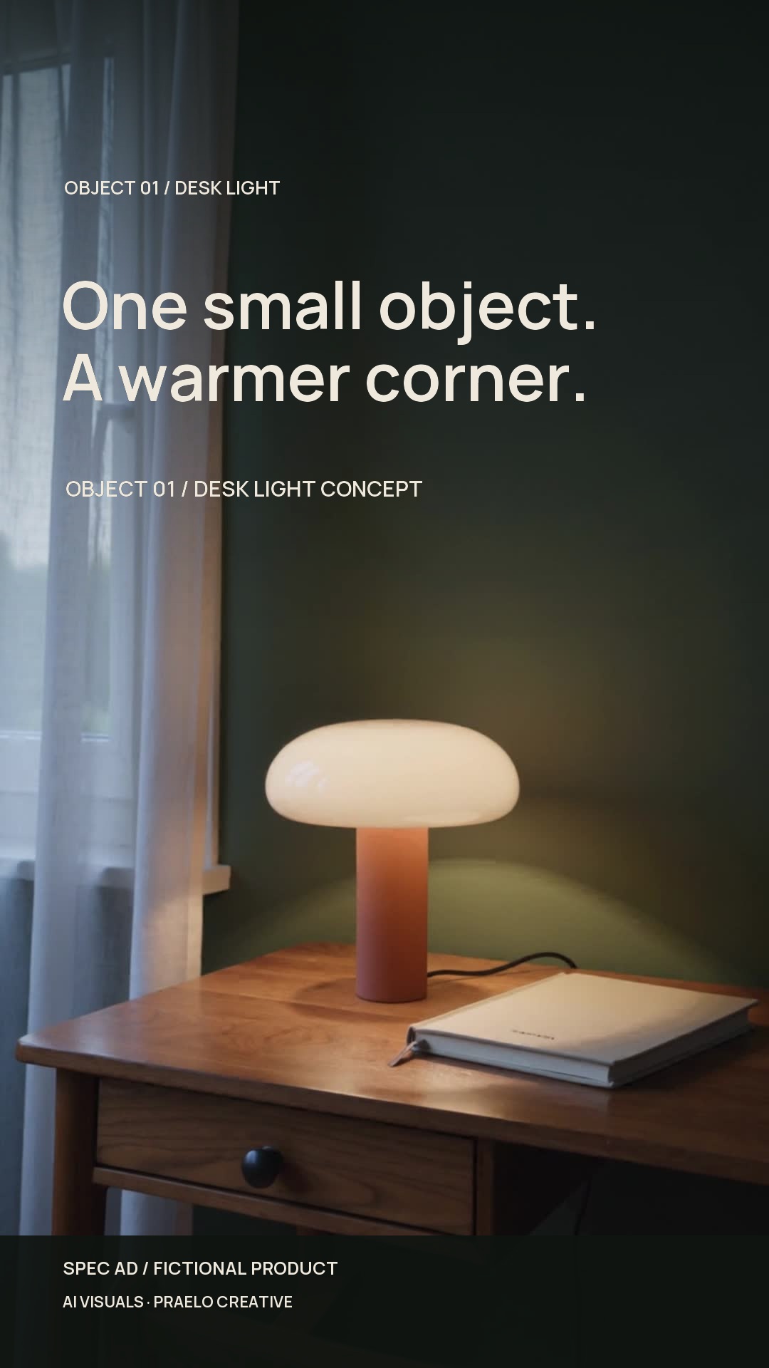 A fictional terracotta and opal-glass lamp in a warm room; frame from Praelo’s spec ad